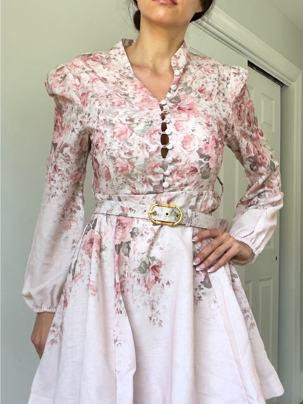 Floral linen Pink Vintage-Style Button Front Dress with Belt